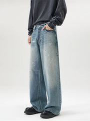 Threebooy Men's Fashion Paint Spots Baggy Straight Jeans Vintage Ice Blue Denim Pants High Street Hip Hop Trousers Mens Designer Clothes
