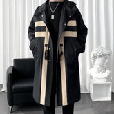 Threebooy Autumn Men Trench Coat Patchwork Color Medium Long Windbreaker Korean Fashion Covered Button Male Hooded Jacket