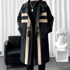 Threebooy Autumn Men Trench Coat Patchwork Color Medium Long Windbreaker Korean Fashion Covered Button Male Hooded Jacket