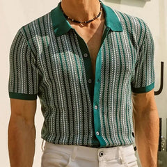 Threebooy Summer Clothing Men's Luxury Knitted Striped Printed Shirt Fashion Short Sleeve Button-down Shirts for Men Vintage Knitwear