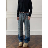 Threebooy Mens Straight Leg Jeans Business Casual Vintage Blue Denim Pants for Middle Aged Man Classic Fit man trousers