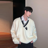 Threebooy Men's Clothing Korean Popular Knitted V Neck Long Sleeve Patchwork Pullover Sweaters Light Luxury Leisure Preppy Knitwear M-3XL