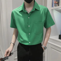 Threebooy Summer Men's Fashion Short Sleeve Shirts Youth Loose Lapel Shirt College Style White/Green Black Color Retro Shirts S-3XL