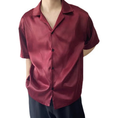 Threebooy Summer Men's Stylish Shirt Cuban collar Satin Silk Wine Red Dress Shirts Short Sleeve Tops Wedding Prom Party Holiday Blouse Man