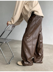 Threebooy PU Leather Pants men Straight Spring Men's Punk Fashion Hip Hip Men Wide-leg Mopping Trousers Windproof Dark Brown/Black