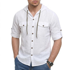 Threebooy New Mens Casual Linen Shirt Long Sleeve Henley Shirts Summer Beach Hawaiian T Shirts for Men Sport Lightweight Button Hooded Tee
