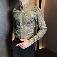 Threebooy Spring Autumn Stand Up Collar Long Sleeved Printed Shirts Men Fashion Casual Business Social Formal Chinese Style Men's Shirt