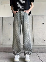 Threebooy White Jacquard Full-Print Flared Jeans for Men, European and American High Street Vibe, Straight Loose Narrow-Fit Casual Wide-Leg Pants