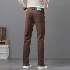 Threebooy Men's Cotton Elastic Jeans Fitted Straight Business Casual Trousers Soft Comfortable Fashion Korean Denim Pants