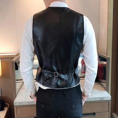 Threebooy Leather Vest Men New Fashion Casual High Quality Solid Color Single Breasted Slim Large Size Business Vest Waistcoat S-5XL