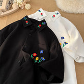 Threebooy Flower Embroidery Short Sleeve Shirt Harajuku Korean White Black Half Sleeve Casual Shirt Summer Tops