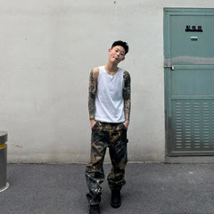 Threebooy Y2K Fashion Branching Pattern Baggy Stacked Cargo Pants Men Clothes Camouflage Hip Hop Long Trousers