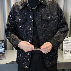 Threebooy Denim Jacket For Men Casual Trendy Loose Fit Thin Jacket Bright Sequins Fashionable Streetwear