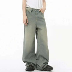 Threebooy Autumn Men Denim Pants Straight Droop Vintage Loose Bottom Straight Wide Leg Casual Male Trousers Korean Style