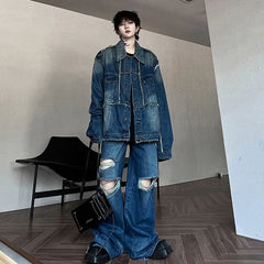 Threebooy Men's Oversized Ripped Denim 2-Piece Set