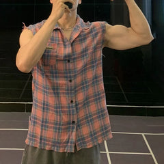 Threebooy Summer New Men's Plaid Sleeveless Vest Y2k American Retro Fashion Trend Casual Street Simple Oversize Gym Sports Men's Tops