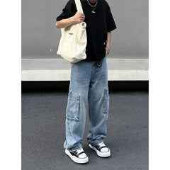 Threebooy Y2K Fashion Multi Pockets Washed Blue Baggy Jeans Cargo Pants For Men Vintage Clothes Straight New Denim Trousers