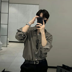 Threebooy Autumn Clothing Men's Light Luxury Korean Popular Shirt Leisure Long Sleeve Button-down Premium Solid Color Business Basic Shirt