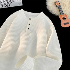 Threebooy Spring NEW Mens Long Sleeve T Shirts Casual Round Neck Tees Button design White Black Undershirts Loose Fit Tshirts