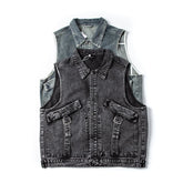 Threebooy American Casual Pure Cotton Washing Denim Vest Loose Sleeveless Horse Clip Men Women Work Pocket Trendy Vest Jacket Aesthetic