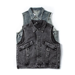Threebooy American Casual Pure Cotton Washing Denim Vest Loose Sleeveless Horse Clip Men Women Work Pocket Trendy Vest Jacket Aesthetic