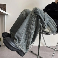 Threebooy Baggy Casual Denim cargo Pant man Mopping Trousers Yellow Mud Ribbons Multi-pockets Drawstring Jeans for Men Harajuku Streetwear