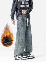 Threebooy Men's Winter Insulated Cargo Jeans Thick Fleece Warm Denim Pants Retro Style Wide-Leg Straight Baggy Jeans Asian Size L-5XL