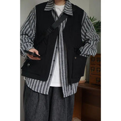 Threebooy Japan Cityboy Style Jacket Retro Work Clothes Striped Shirt Vest Korean Streetwear Men Women Loose Trendy Long-sleeved Jacket