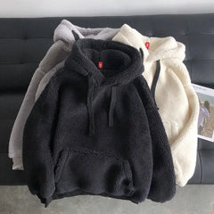 Threebooy Women's Korean Style Fleece Hoodie Thick Warm Loose Long Sleeve Pullover Couple Matching Winter Tops