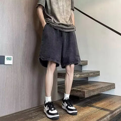 Threebooy Summer Men's Straight Drawstring Denim Shorts Elastic Waist Washed Loose Short Jeans Stretch Hip Hop Clothing Male Shorts