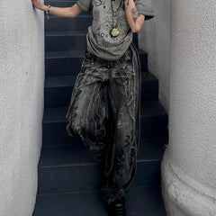 Threebooy American High Street Streetwear Jeans Men Spliced Heavy Industry Graffiti Distressed Zipper Jeans Men and Women Same Style