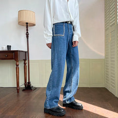 Threebooy Men's Pearl Decorate Straight Pants Baggy Homme Cargo Pocket Jeans Blue Color Casual Pants Biker Denim Trousers Size S-XL