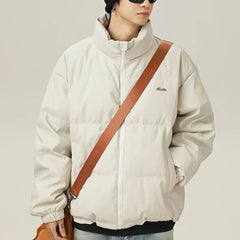 Threebooy American retro thick PU leather short cotton jacket winter version stand up collar cotton jacket warm jacket