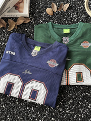 Threebooy American Retro Jersey Short-sleeved T-shirt Men's Trendy Quick-drying Mesh Breathable Loose Casual V-neck Racing Suit Top Chic