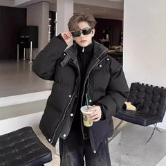 Threebooy Winter Warm Cotton Jacket Men's Denim Fake Two-piece Spliced Stand up Collar Casual Autumn Winter Coat