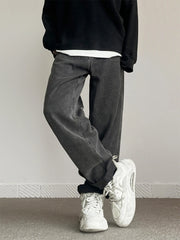 Threebooy New Fashion Korean Men's Baggy Straight Jeans Classic Black Gray High Street Denim Pants Streetwear High Quality Male Trousers