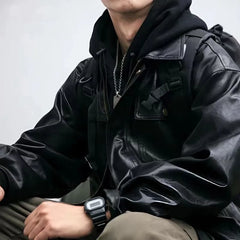 Threebooy Oversized Men's Leather Jackets Black VIntage PU Biker Coat Faux Leather Bomber Jacket Punk Big Pockets Windbreaker Overcoat
