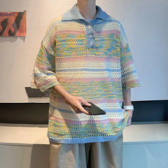 Threebooy New Trend Men Fashion Striped Polo Shirt Light Luxury Hollow Out Knitted T-shirt Korean Style Summer Casual Short Sleeve Tops