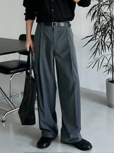 Threebooy Minimalist Gray Striped Wide Leg Trousers Men Vintage Ice Silk Suit Pants Work Wear Old Money Straight Casual Loose Trousers