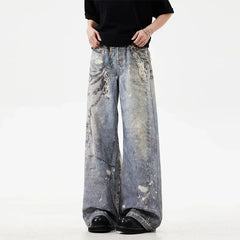 Threebooy New Men's 3D Chain Printed Baggy Jeans Autumn Casual Baggy Straight Denim Pants Women High Street Blue Wide-leg Y2K Jean