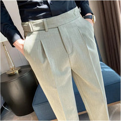 Threebooy British Style Autumn New Solid High Waist Trousers Men Formal Pants High Quality Slim Fit Business Casual Suit Pants Hommes