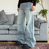 Threebooy New Deconstructed Texture Straight-Leg Jeans For Men American Casual Vintage Blue Denim Pants Y2K Streetwear Baggy Jean