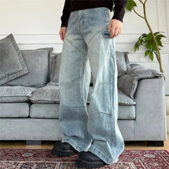 Threebooy New Deconstructed Texture Straight-Leg Jeans For Men American Casual Vintage Blue Denim Pants Y2K Streetwear Baggy Jean