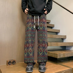 Threebooy Autumn Woolen Pants Men Warm Retro Plaid Knitted Pants Men Japanese Streetwear Loose Straight Pants Mens Vintage Trousers M-3XL