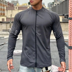 Threebooy Motion Hoodie Run Quick Dry Zipper Bodybuilding Loose Coat Long Sleeves Men Thin Casual Chic Solid Anti-Wrinkle Elastic T-shirt