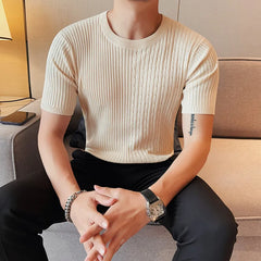 Threebooy High End Luxury Jacquard Knitted Short Sleeve Men's Summer Trend Thin Round Neck T-shirt Men's Slim Short Sleeve Tees 4XL