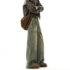 Threebooy Vintage Blue Men's Distressed Denim Pants Wide Leg Trousers Jeans Straight Loose Mopping Pants Streetwear Male Casual Fashion