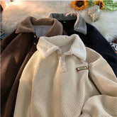 Threebooy Men's Corduroy Polo Shirt Sweater Women's Autumn Winter Fleece Thick Coat Turndown Collar Buttons Long Sleeves Warm Tops