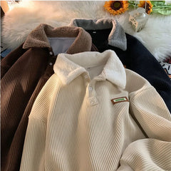 Threebooy Men's Corduroy Polo Shirt Sweater Women's Autumn Winter Fleece Thick Coat Turndown Collar Buttons Long Sleeves Warm Tops