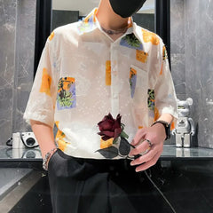 Threebooy Y2K Mens Shirt Semi Transparent Printed Color Short Sleeved Shirt Summer Casual Hawaiian Short Sleeved Top Men's Clothing